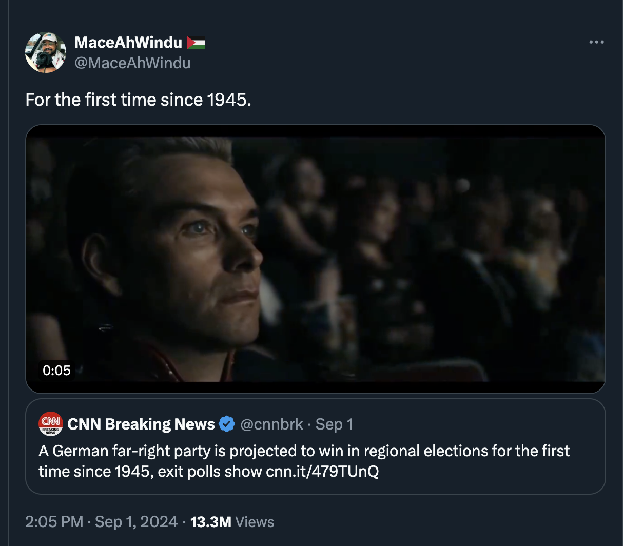 antony starr homelander meme - MaceAhWindu For the first time since 1945. Chcnn Breaking News Sep 1 A German farright party is projected to win in regional elections for the first time since 1945, exit polls show cnn.it479TUNQ 13.3M Views